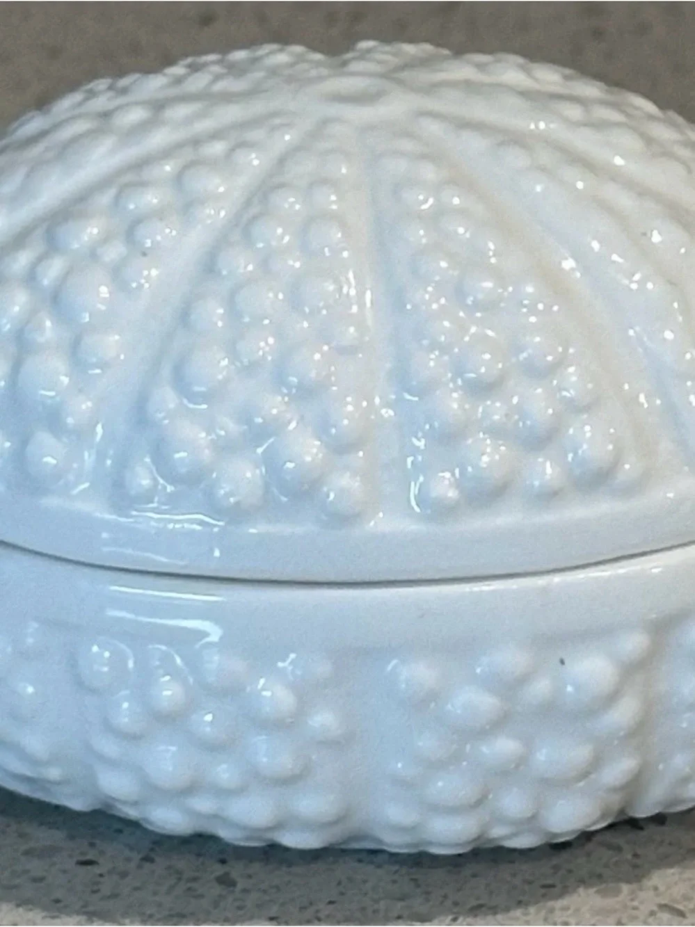 White Glass Covered Trinket Dish with Textured Sea Urchin Design